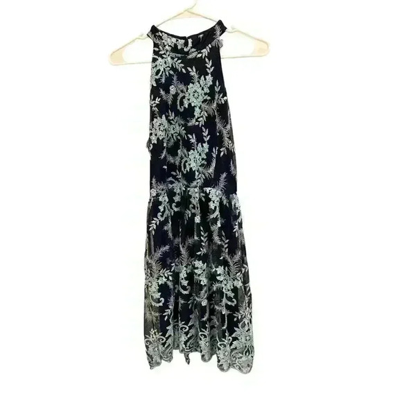 - Miami Navy Blue Embroidered Halter Midi Floral Dress Size M, Pre-Owned EUC - Picture 1 of 9